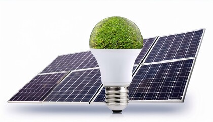 eco led light bulb with solar energy panels isolated on white background concept of green energy