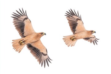 Obraz premium Two majestic hawks soaring gracefully in a clear blue sky, showcasing their wings