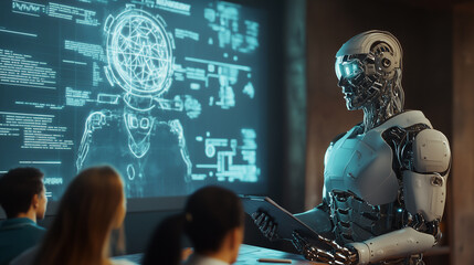 A futuristic robot professor giving a lecture at a university, holographic diagrams floating in the air as students take notes. 