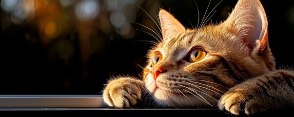 A serene tabby cat gazes thoughtfully, resting its paws on a ledge, illuminated by warm sunlight, creating a peaceful ambiance.