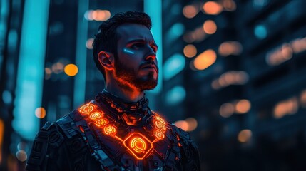 Obraz premium Futuristic Man in Neon-Glowing Armor Standing in a Cyberpunk Cityscape