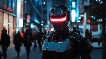A humanoid robot police officer patrolling a futuristic city street at night, its glowing visor scanning pedestrians for potential threats