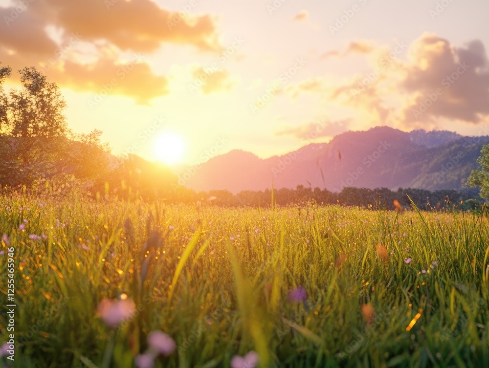 Canvas Prints golden hour meadow: sunlit field with mountains in the background