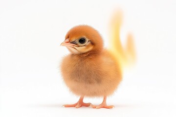 Obraz premium Adorable fluffy chick standing against a white background with soft lighting