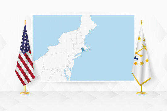 Map of Rhode Island and flags of Rhode Island on flag stand.