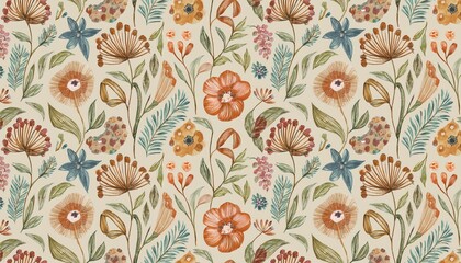cute floral watercolor seamless pattern with delicate abstract flowers and plants floral design illustration in vintage rustic style on ivory background all over print for textile or wallpapers
