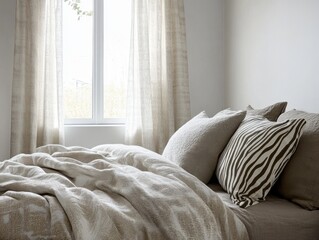 Minimalist bedroom decor with zebra print bedding and matching curtains, creating a soft, nature-inspired atmosphere