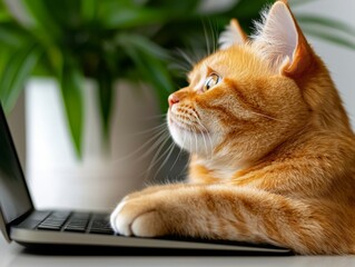 A curious orange cat sits in front of a laptop, gazing intently, with a lush green plant in the background.
