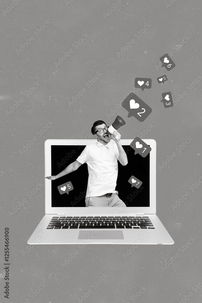 Poster vertical creative photo collage of funny positive man scream in loudspeaker from monitor many likes 
