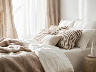 Minimalist bedroom decor with zebra print bedding and matching curtains, creating a soft, nature-inspired atmosphere