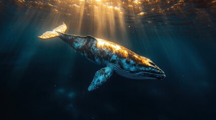 Underwater humpback whale illuminated by sunbeams.