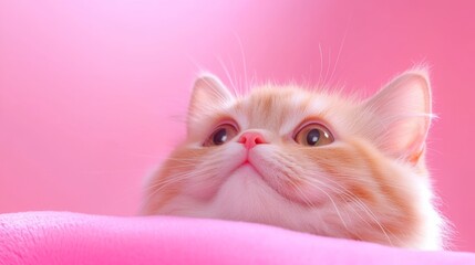 A fluffy orange cat gazes upward against a soft pink background, capturing a playful and adorable moment.
