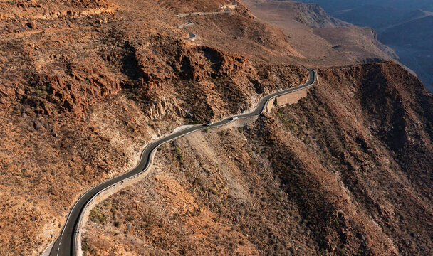 Aerial view of the winding mountain road Degollade de las Yeguas in Gran Canaria, Canary Islands, Spain