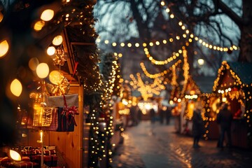 Holiday Market Illuminated With Festive Lights in the Evening, Featuring Cozy Stalls Filled With Gifts and Seasonal Treats