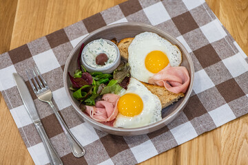 Delicious breakfast with eggs, bacon, cheese and more