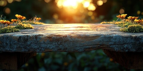 Golden Hour Serenity: Wooden Table with Blooming Flowers at Sunset