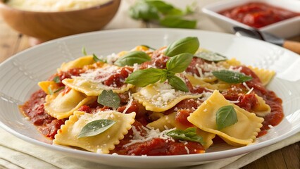 Ravioli in Tomato Sauce: A delectable plate of cheese ravioli, swimming in a rich tomato sauce, is garnished with fresh basil and grated parmesan cheese.