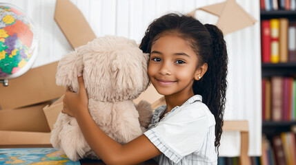 Cute African-American girl hugging a plush teddy bear and smiling warmly at home in a cozy room. Childhood tenderness, love, and comfort.
