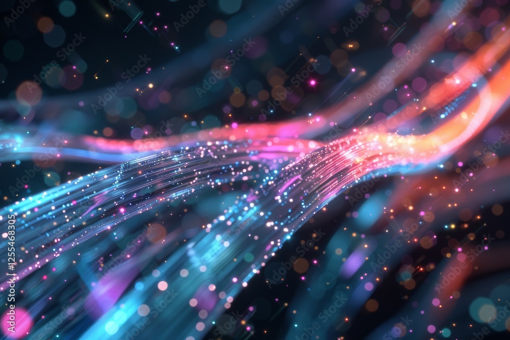 Poster colorful abstract waves of light and bokeh create a mesmerizing visual display, blending blue and or