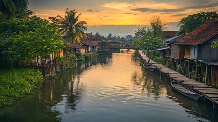 Serene Sunrise over the Picturesque Canal Village in Vietnam: A Golden Hour Reflection