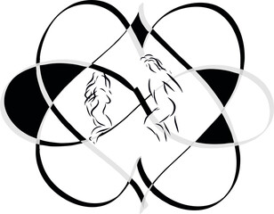 A collection of abstract designs featuring a colorful hummingbird, a dynamic female silhouette, and intertwined geometric shapes with human figures, showcasing creative line art.