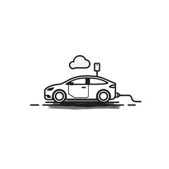 eco friendly transport icon, no pollution icon, electric car icon, Eco-friendly transport icon featuring an electric car charging at station in minimalist black outline design