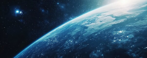 Fototapeta premium Stunning view of earth from space with glowing atmosphere and distant stars