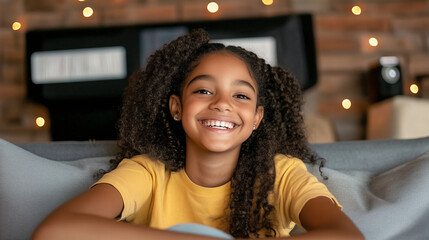 Portrait of a smiling African American girl with curly hair sitting on a sofa in a cozy home interior. Concept of happy childhood, joy, and family comfort.