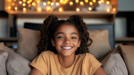 Girl with ponytails and a big smile sitting on a couch in front of glowing fairy lights, cozy and joyful home scene.