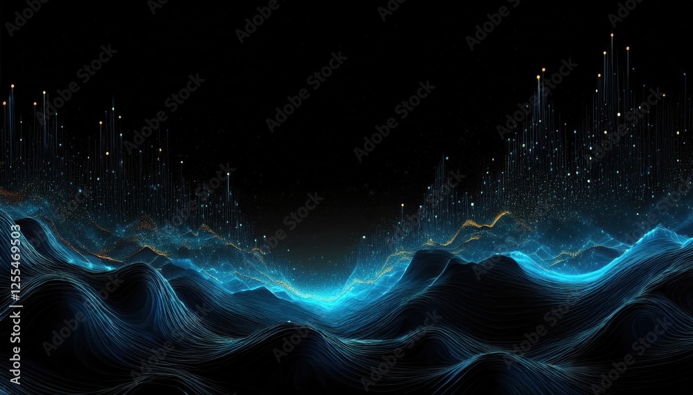 Aufkleber digital waveforms with glowing particles and abstract mountain peaks, glowing neon blue lines and da
