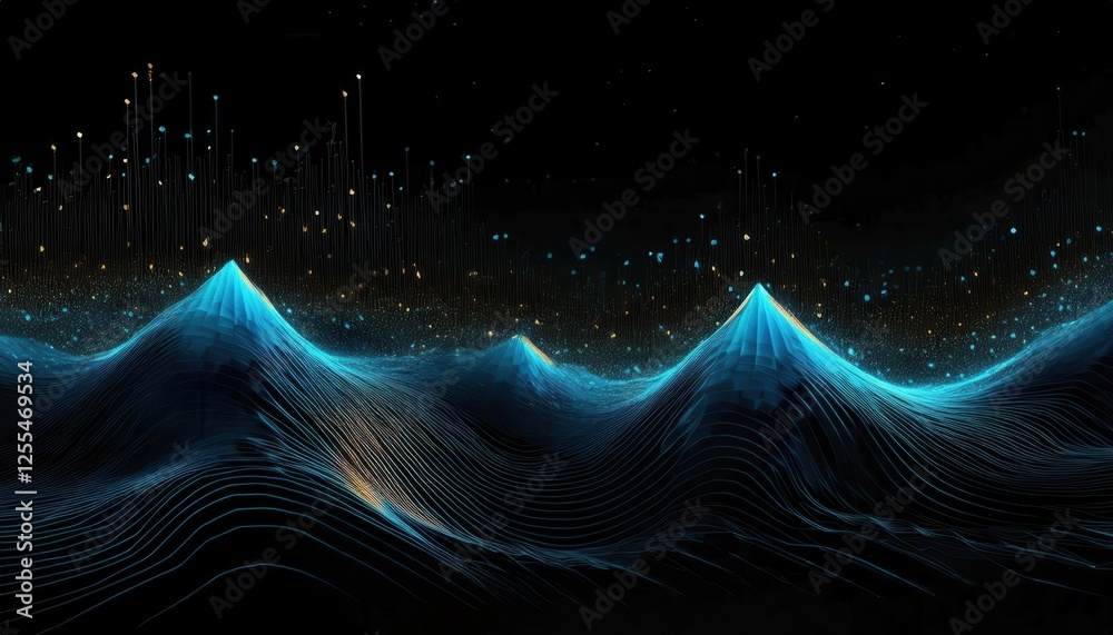 Poster digital waveforms with glowing particles and abstract mountain peaks, glowing neon blue lines and data points