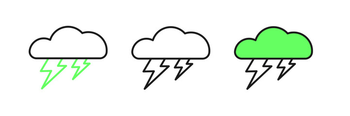 Set line Storm icon isolated on white background. Cloud and lightning sign. Weather icon of storm. Vector