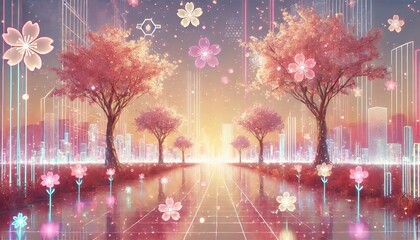 Fototapeta premium A horizontal illustration of a serene, pastel-colored futuristic cityscape with blooming sakura trees featuring holographic petals and soft neon lighting