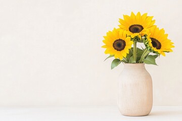 Bright sunflowers in a simple vase against a soft neutral background