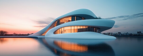 Futuristic modern architecture building with curved design at sunset by water