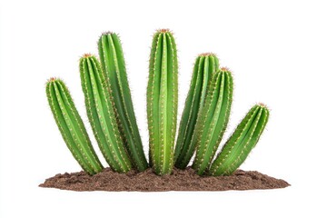 Group of tall green cacti growing from brown soil against a white backdrop