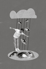 Unusual creative template collage of guy businessman falling down eyes pond public opinion control...