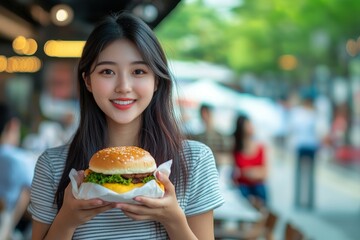 Young asian girl eating burger in a restaurant outdoor.