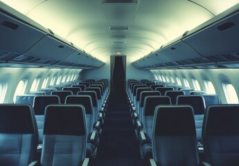 Empty Airplane Cabin in Business Class with Seats and Windows