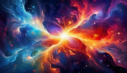 Obraz premium a bright cosmic nebula showcases vibrant colors and intense light at its center surrounded by swirling gas and stars