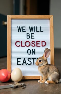 Easter bunny sitting next to closed sign and easter eggs