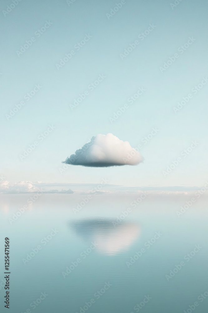 Poster a solitary cloud floating above the calm ocean with a soft reflection, symbolizing serenity, simplic