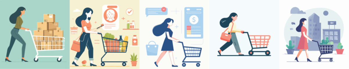 vector set of women pushing a trolley