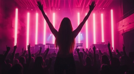 A massive audience revels in a music concert, hands raised in excitement under stunning pink and purple lights. The atmosphere is electric as attendees dance and sing along to their favorite songs