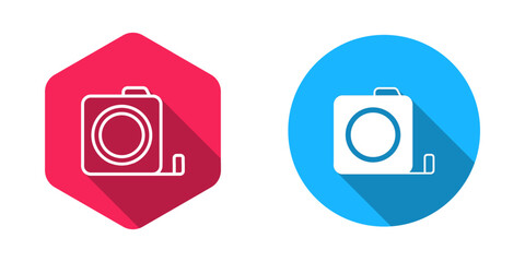 Filled and outline Roulette construction icon isolated with long shadow background. Tape measure symbol. Vector