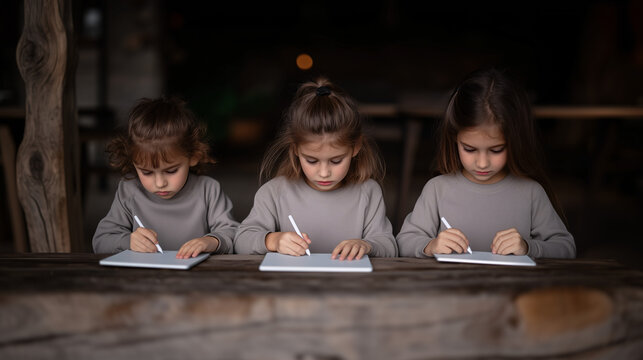 Three young girls are focused on drawing or writing at a rustic wooden table. Education, creativity, and childhood in one frame. - Powered by Adobe