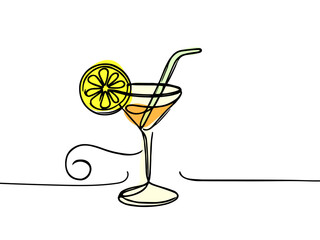  Single continuous line drawing of cocktail.line art exotic cocktail drinks vector doodle.Hand-drawn vector illustration.