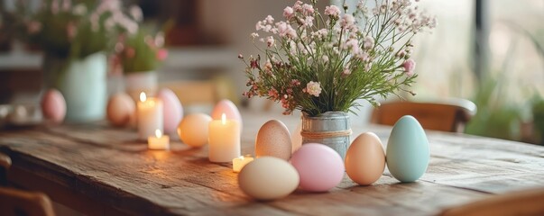 Rustic easter table with decorated eggs and flowers amidst candlelight