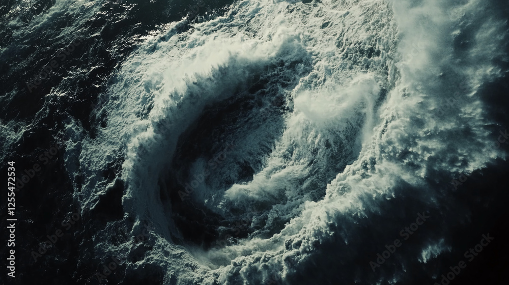 Poster Aerial view of a powerful whirlpool in the ocean, capturing the dynamic movement of water in a dramatic display of nature's force and energy, with foam and swirling waves