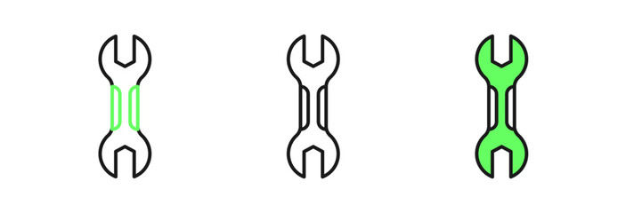 Set line Wrench spanner icon isolated on white background. Spanner repair tool. Service tool symbol. Vector